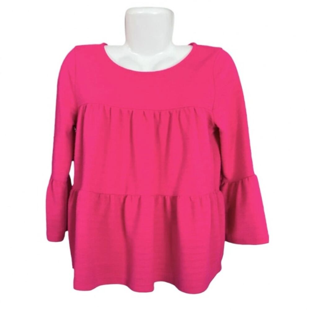 J. Crew Women's Berry Pink Tiered Bell Sleeve Relaxed Fit Ribbed Knit Shirt SZ S